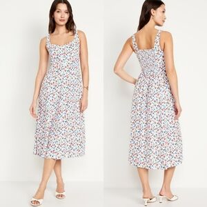 Old Navy White Floral Linen Blend Midi Dress Sleeveless Blue Red Flowers XS